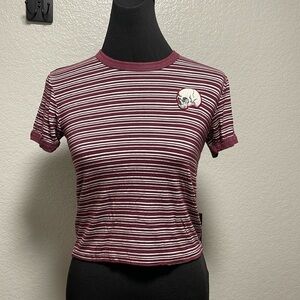 Gypsy Warrior Burgundy and White Striped Short Sleeve Crop Top W Skull Patch XS